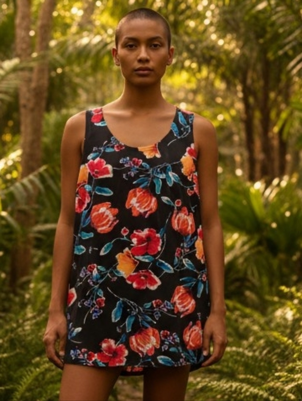 NEW! Pretty Woma.  Black Floral Tank with Pink, Orange and Blue Blooms 4365
